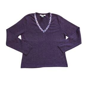 McDuff Womens 100% Cashmere V-Neck Sweater Sz L Purple Sequin Soft